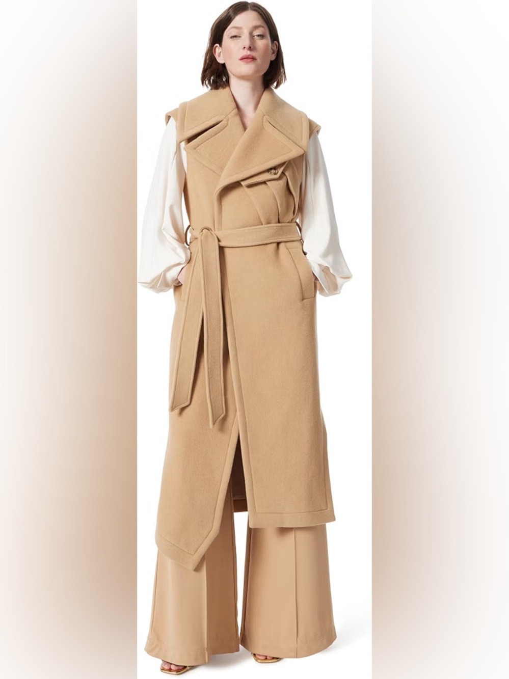 Dee Ocleppo Sydney camel wrap Women's Sleeveless Long Beige Trench Coat Vest XS